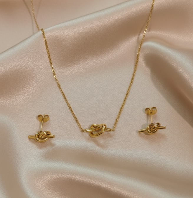 Minimal Love Knot Gold Necklace and Studs set
