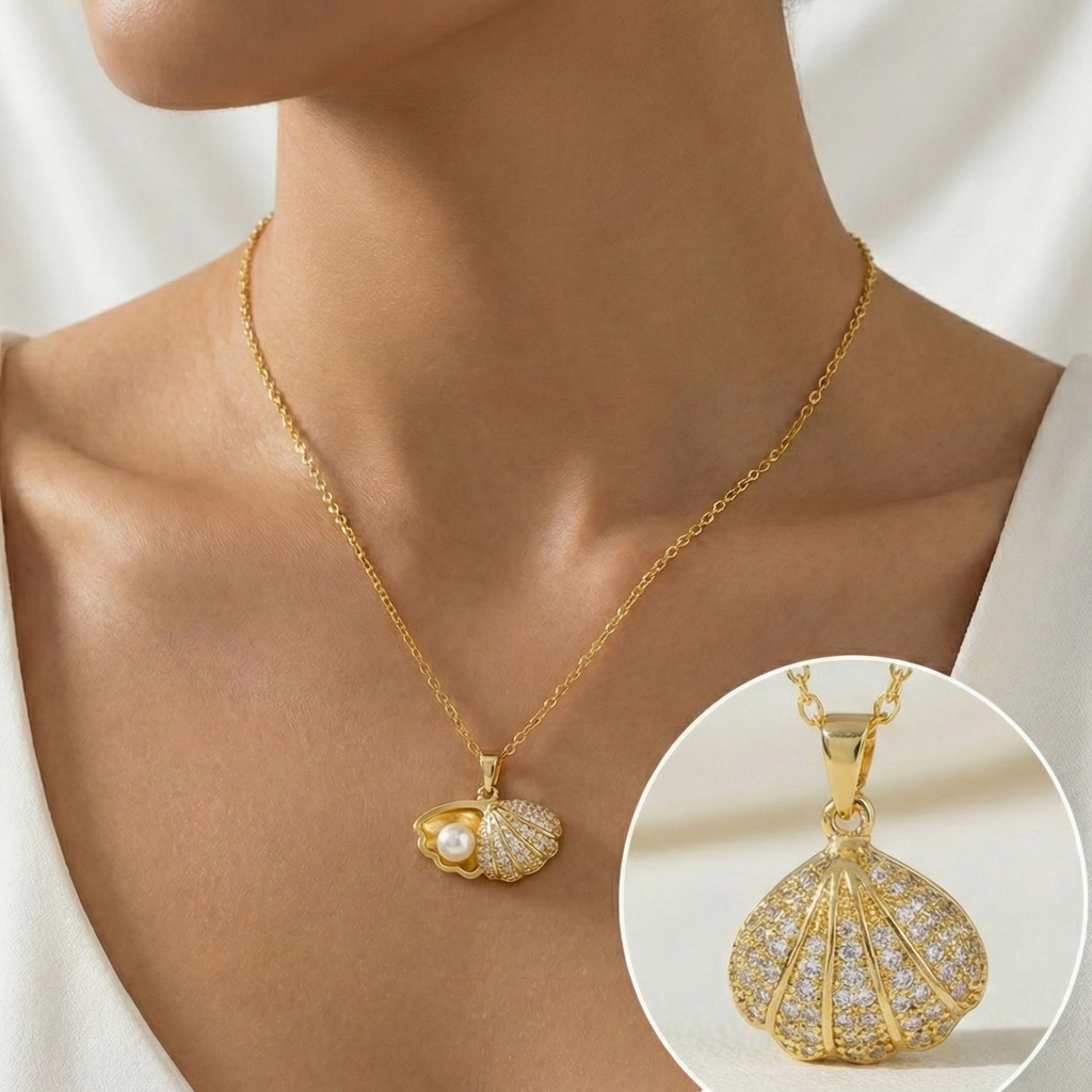 Gold Plated Pave Shell & Pearl Pendant Necklace