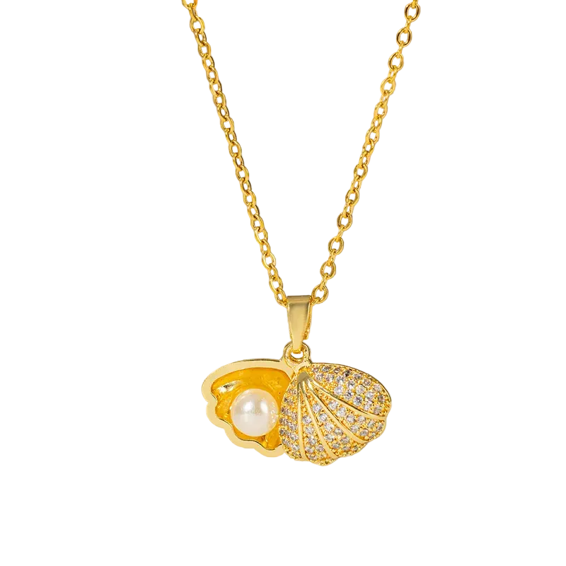 Gold Plated Pave Shell & Pearl Pendant Necklace