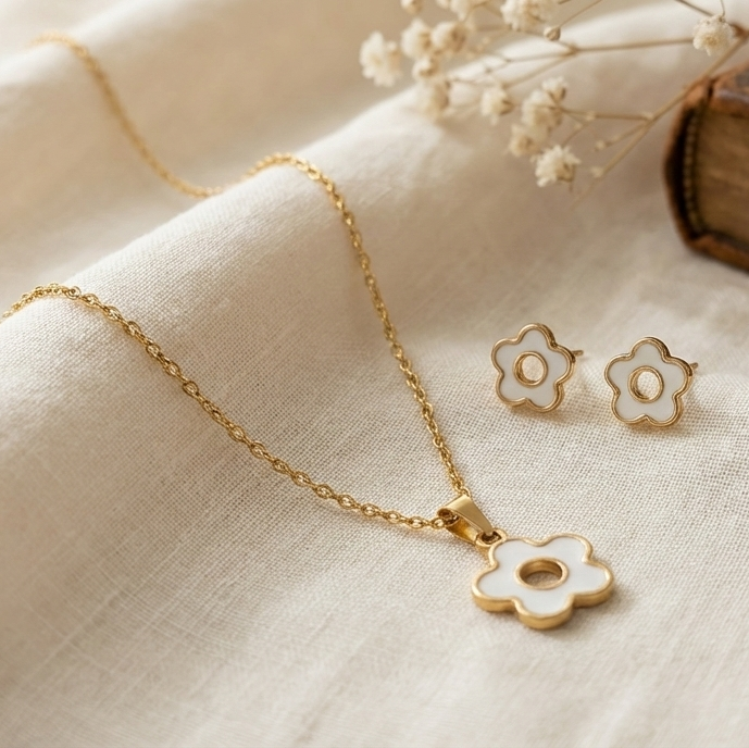 Golden Bloom Stainless Steel Necklace & Earrings Set