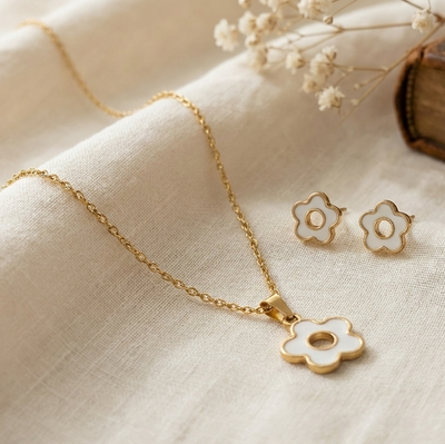 Golden Bloom Stainless Steel Necklace & Earrings Set