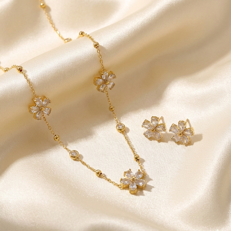 Sparkling Gold & Crystal Flower Jewelry Set