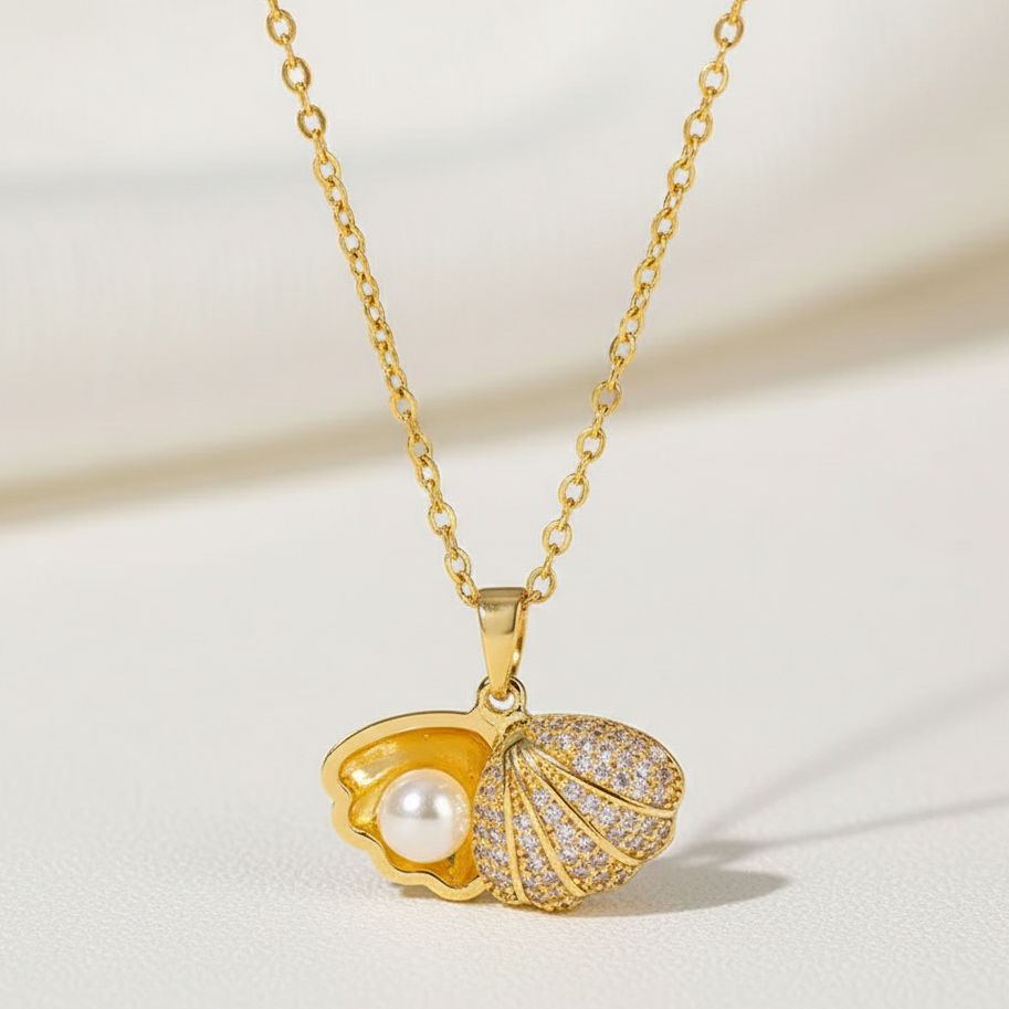 Gold Plated Pave Shell & Pearl Pendant Necklace