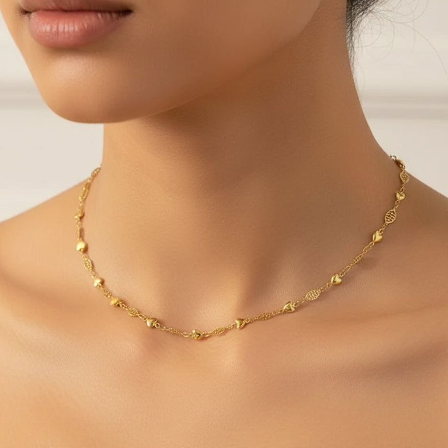 Gold Plated Heart  and Weave Chain Necklace