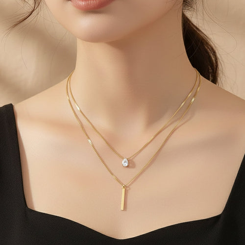 Gold Plated Teardrop & Bar Layered Necklace | Eira Collections