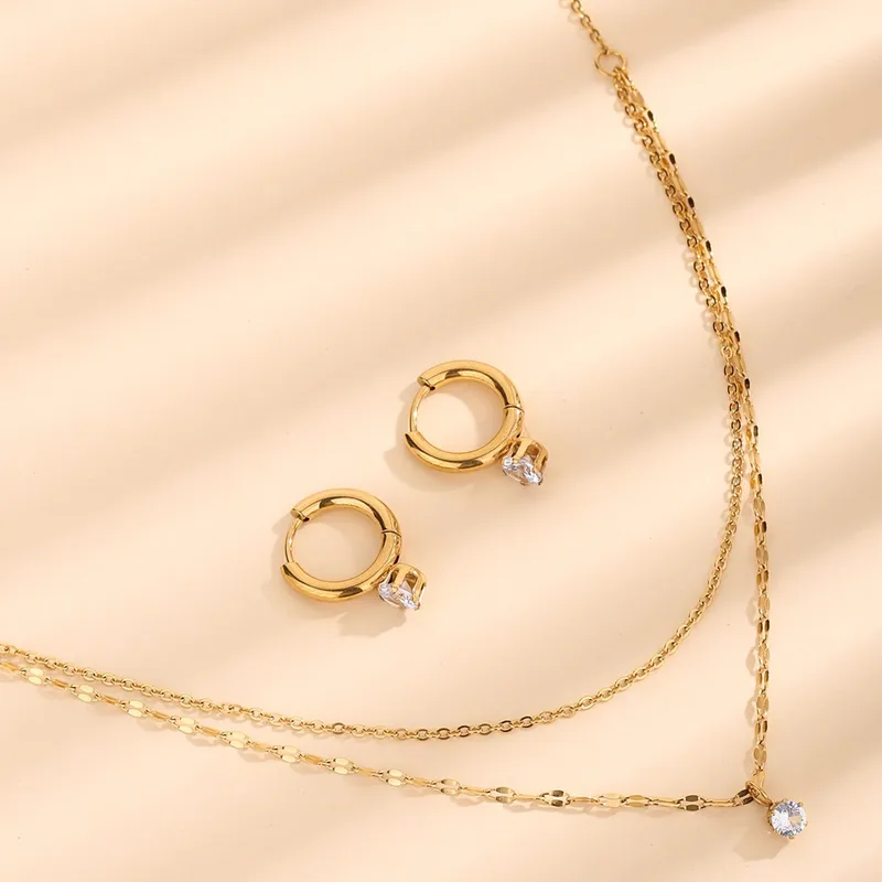 Golden Spark Double-Layer Necklace with Mini Hoops