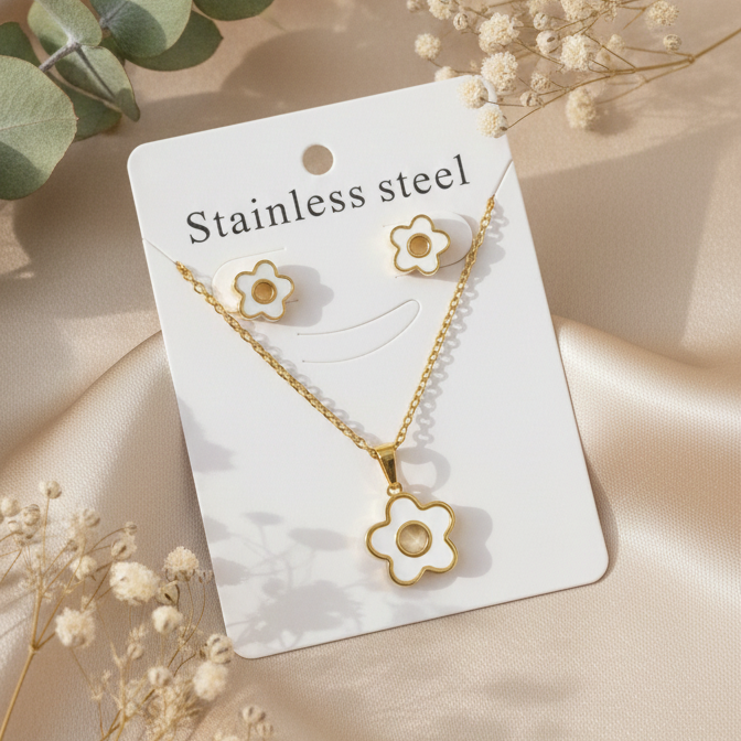 Golden Bloom Stainless Steel Necklace & Earrings Set